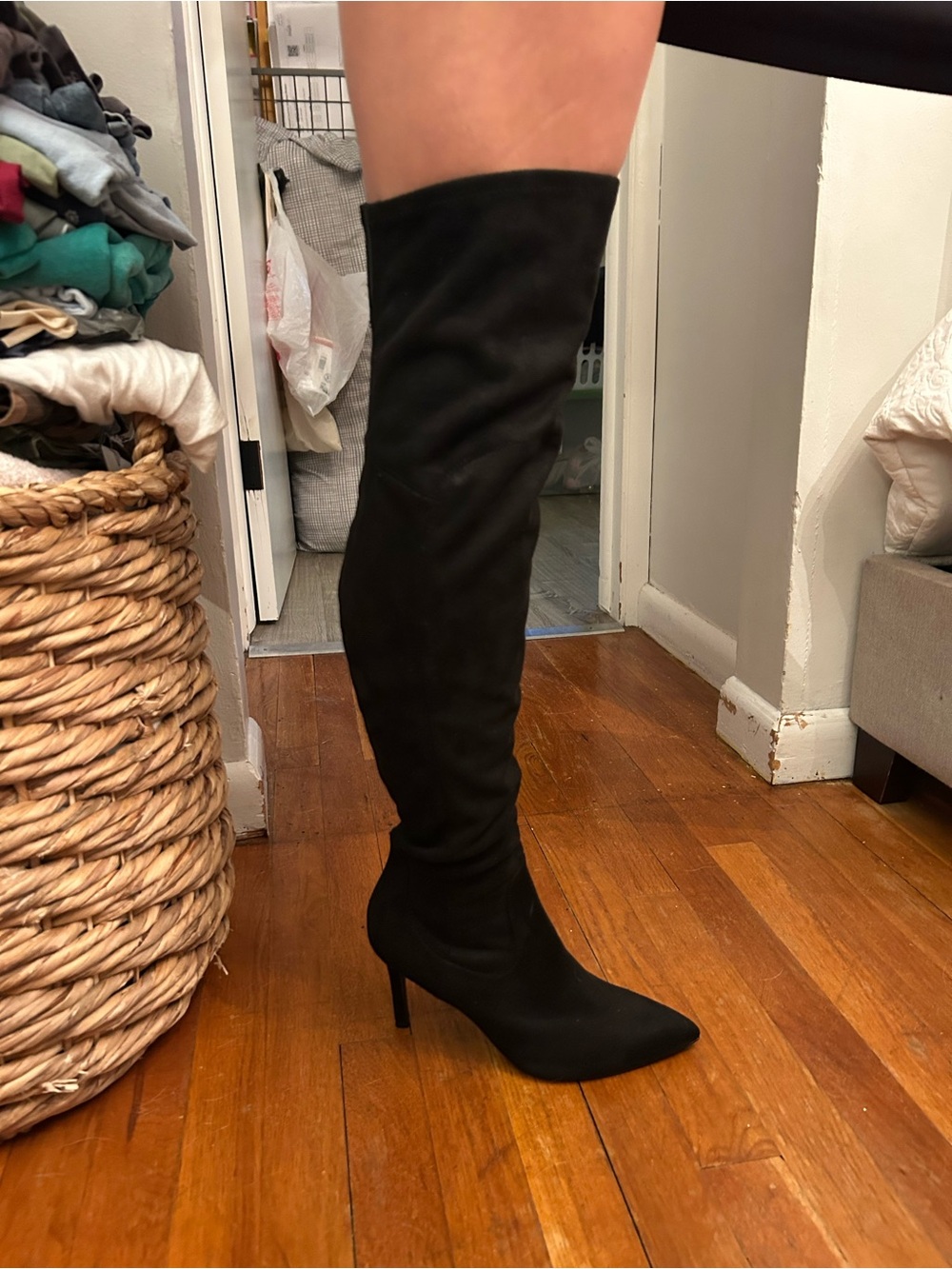 Black Suede Over-the-Knee Pointed-Toe Stiletto Boots